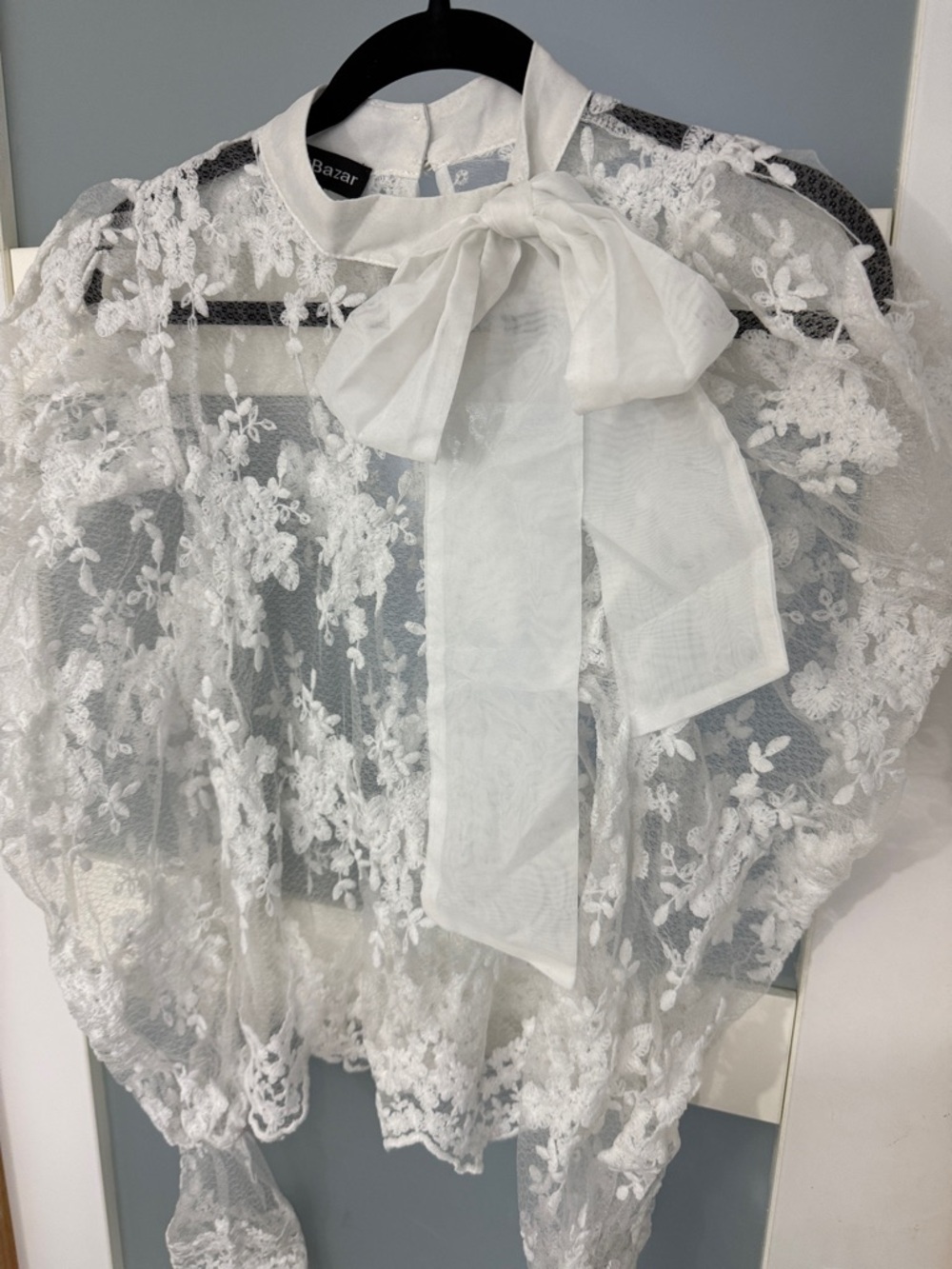 Sheer White Lace Bow-Neck Blouse - Picture 3 of 7